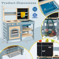 2-In-1 Kids Outdoor Mud Kitchen, Fir Wood Double Sided Kitchen Playset & Grocery Store with Faucet, Removable Sink, Blackboard, Storage Bag & Basket