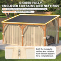 AECOJOY 12x10 Outdoor Wooden Pergola Gazebo with Curtains and Netting for Patio