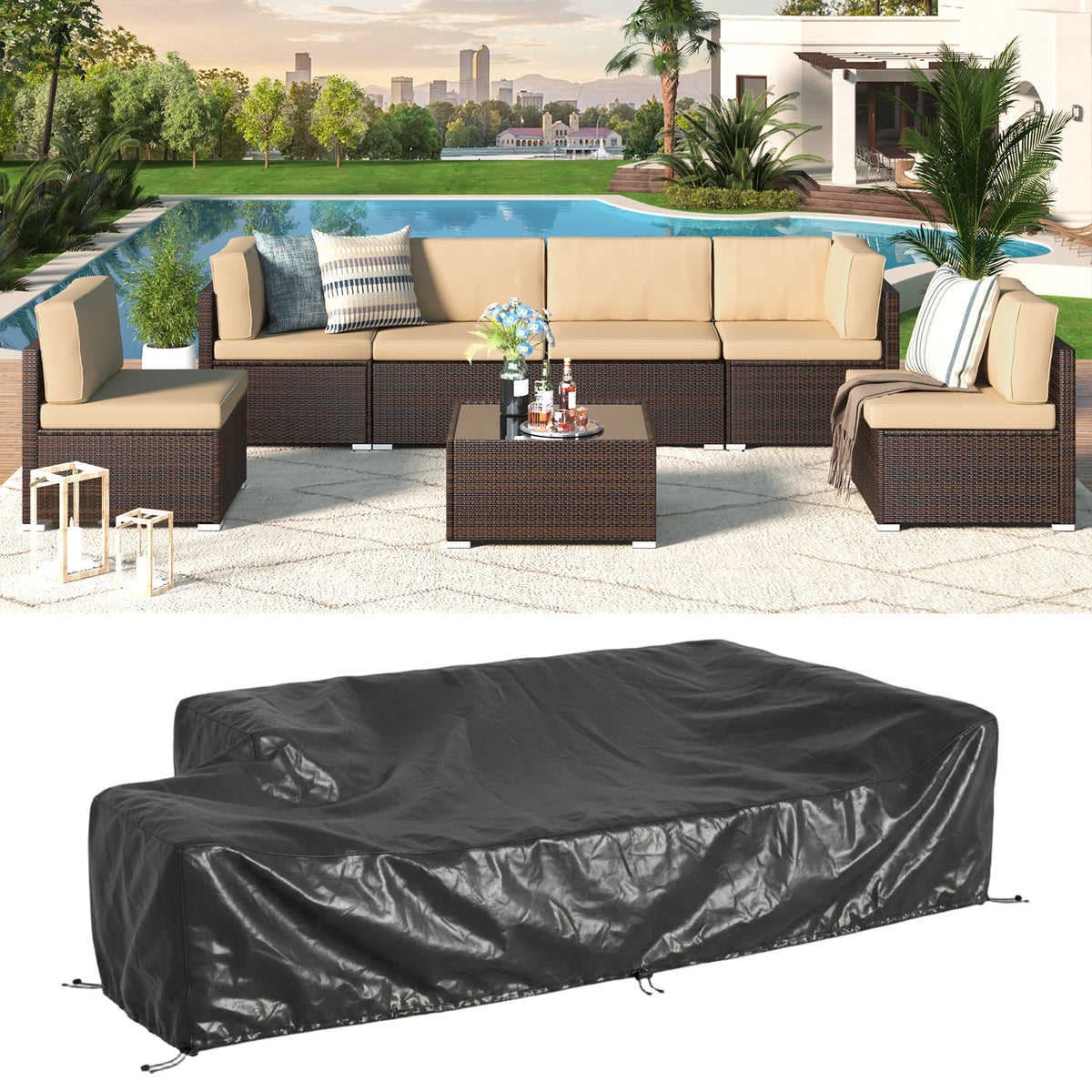AECOJOY 7 Piece Outdoor Patio Furniture Set with Waterproof Cover, Brown & Beige