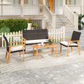 Tangkula PE Rattan Outdoor Cushioned Conversation Chairs with Acacia Wood Coffee Table