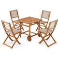 AECOJOY 5 Piece Outdoor Patio Dining Set, Acacia Wood Outdoor Table and Chairs with Wheels