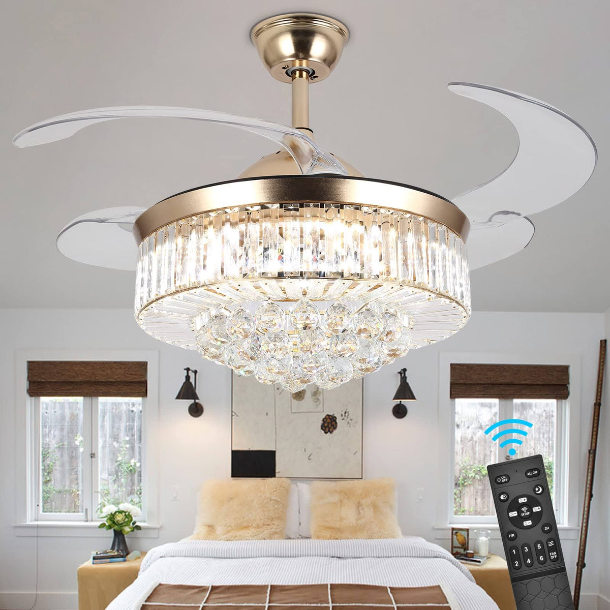 Panghuhu88 36" Invisible Ceiling Fan Chandelier Light,Modern Crystal Ceiling Fan Light Remote Control 4 Retractable ABS Blades for Bedroom Living Room