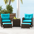 Tangkula 5 Piece Patio Rattan Furniture | Wicker Cushioned Chairs Set w/ 2 Ottomans & Tempered Glass Coffee Table