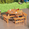8-Person Round Wood Picnic Table Set with 4 Built-in Benches & 2" Umbrella Hole, Holds 2420 LBS, Outdoor Dining Table & Bench for Patio Garden