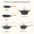 Non - Stick 12 POTS and Pans Set, Cookware Set, Including Frying Pan, Steamer, Silicone Spatula and Tongs - Granite Cooking Set (Black)