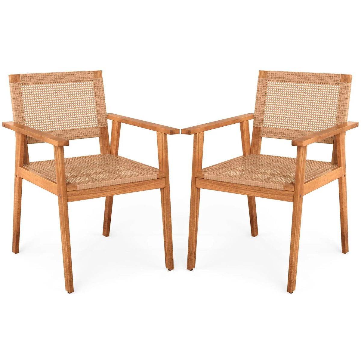 Tangkula Acacia Wood Outdoor Dining Chairs Set of 2/4 PE Rattan Patio Chairs with Backrests and Armrests