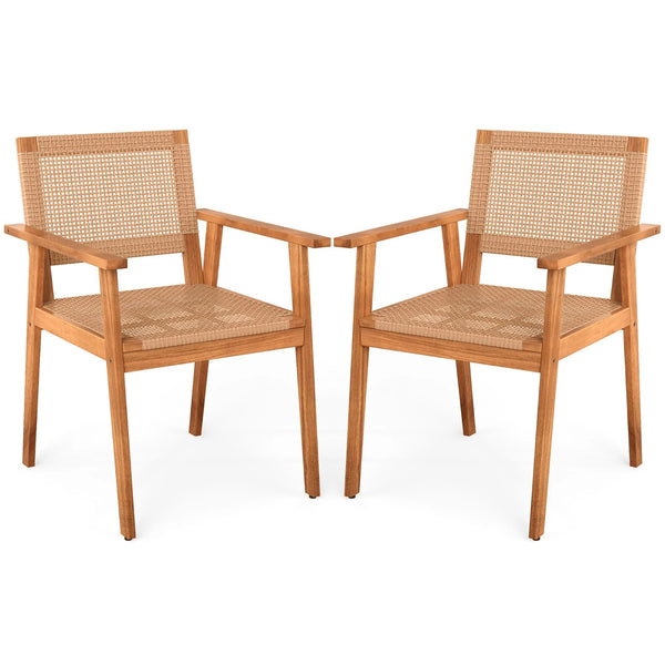Tangkula Acacia Wood Outdoor Dining Chairs Set of 2/4 PE Rattan Patio Chairs with Backrests and Armrests