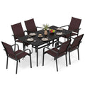 Tangkula 7 Pieces Patio Dining Set 63” x 33” Outdoor Rectangle Metal Table with Umbrella Hole 6 Stackable Breathable Mesh Armchairs