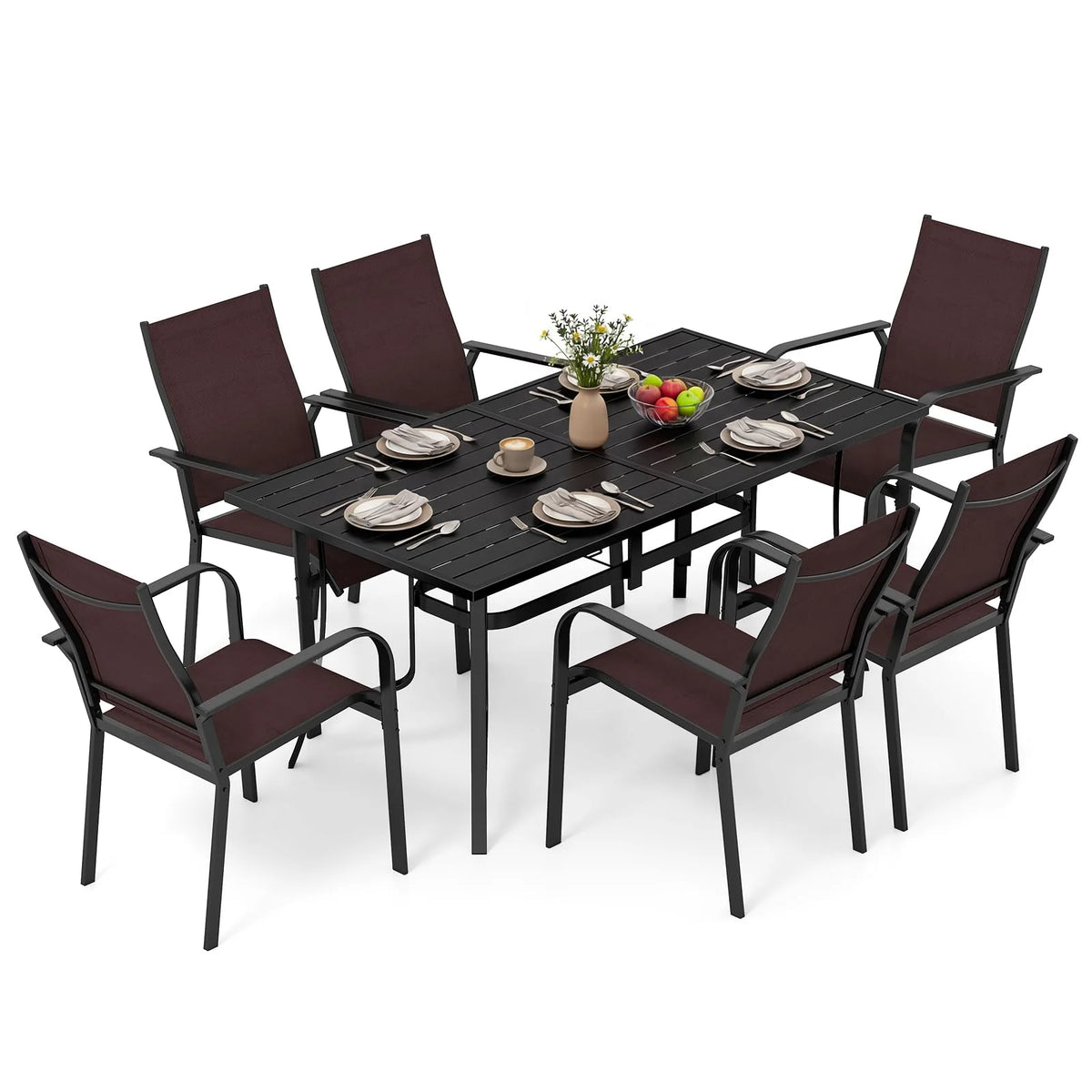 Tangkula 7 Pieces Patio Dining Set 63” x 33” Outdoor Rectangle Metal Table with Umbrella Hole 6 Stackable Breathable Mesh Armchairs