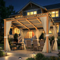 AECOJOY 12x10 Outdoor Wooden Pergola Gazebo with Curtains and Netting for Patio
