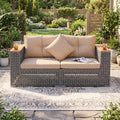 Tangkula 62.5" Large Patio Wicker Loveseat with Acacia Wood Armrests & Cup Holders
