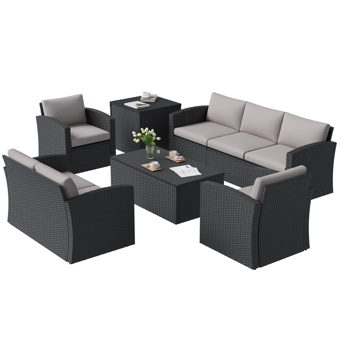 AECOJOY 7 PCS Outdoor Patio Furniture Sets with 2 Storage Boxes, Black & Grey
