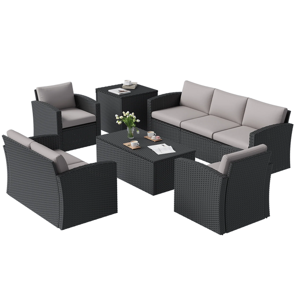 AECOJOY 7 PCS Outdoor Patio Furniture Sets with 2 Storage Boxes, Black & Grey