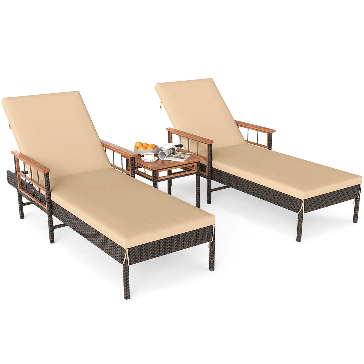 Tangkula 3 Pieces Patio Chaise Lounge Set 2 Rattan Lounge Chairs Side Table