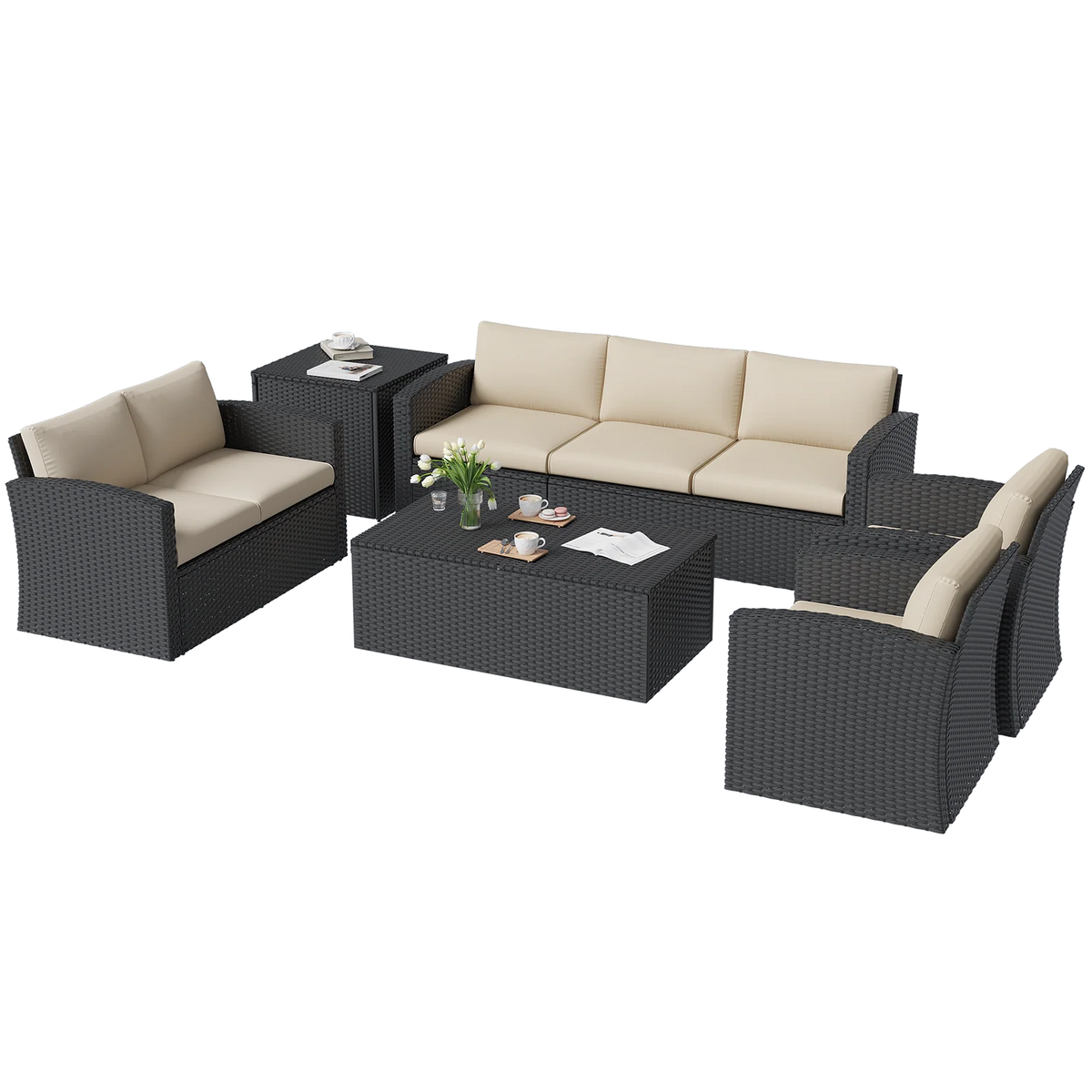 AECOJOY 7 PCS Outdoor Patio Furniture Sets with 2 Storage Boxes, Black & Beige