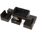 Tangkula 7 Pieces Wicker Patio Furniture Set with 40,000 BTU Gas Fire Pit Table & Propane Tank Cover Table & Glass Top Coffee Table