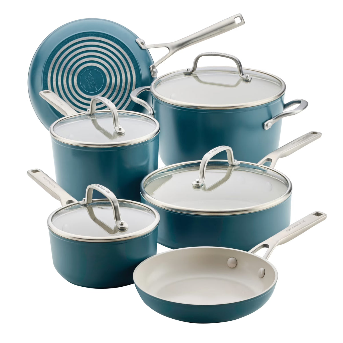 Kitchenaid Hard - Anodized 10 Pcs Ceramic Induction Cookware Set, Dishwasher Safe and Oven Safe to 500F, Agave Blue
