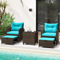Tangkula 5 Piece Patio Rattan Furniture | Wicker Cushioned Chairs Set w/ 2 Ottomans & Tempered Glass Coffee Table