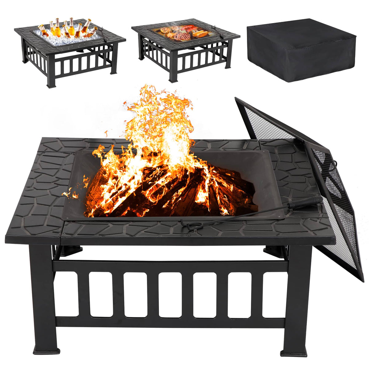 Lemy 32 inch Outdoor Square Metal Firepit Backyard Patio Garden Stove Wood Burning BBQ Fire Pit with Rain Cover, Faux-Stone Finish