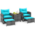 Tangkula 5 Piece Patio Rattan Furniture | Wicker Cushioned Chairs Set w/ 2 Ottomans & Tempered Glass Coffee Table