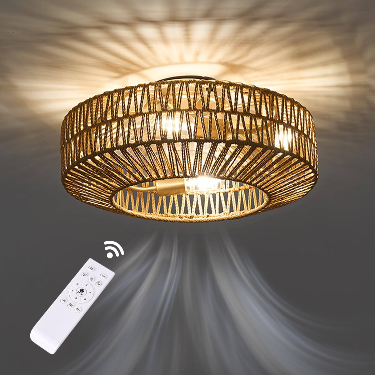 Gutenliter 20" Woven Caged Low Profile Bladeless Ceiling Fan with Light and Remote, Farmhouse Flush Mount Boho Ceiling Fans Light, Enclosed
