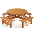 8-Person Round Wood Picnic Table Set with 4 Built-in Benches & 2" Umbrella Hole, Holds 2420 LBS, Outdoor Dining Table & Bench for Patio Garden