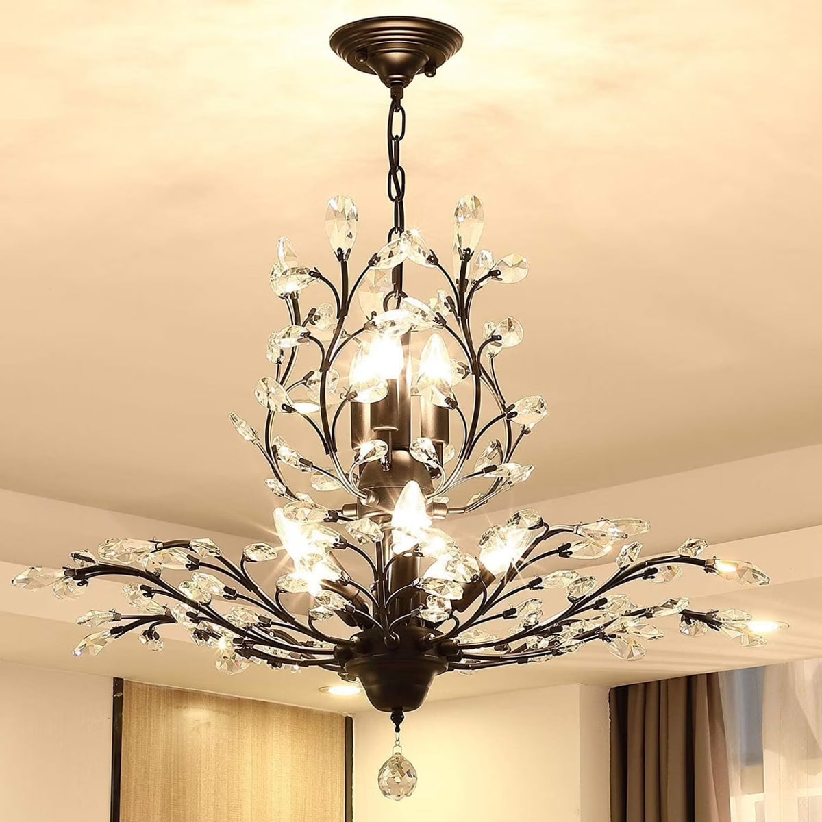 Ganeed Vintage 8 Lights Pendant Light Crystal Chandeliers Adjustable Ceiling Light for Living Room Bedroom Restaurant Porch Hallway - Black