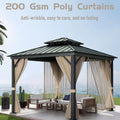 10x10 Hardtop Gazebo with double metal roof, aluminum frame, net, and curtain. All-weather, ideal for patio, deck, garden, backyard. Khaki.