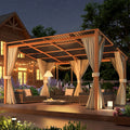 AECOJOY 14x10 Outdoor Wooden Pergola Gazebo with Curtains and Netting for Patio