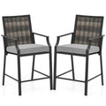 Outdoor Metal Bar Stools Set of 2 with Rattan Back, Armrest, Fabric Seat & Cushions, Counter Height Patio Bar Chairs for Poolside, Porch, Backyard
