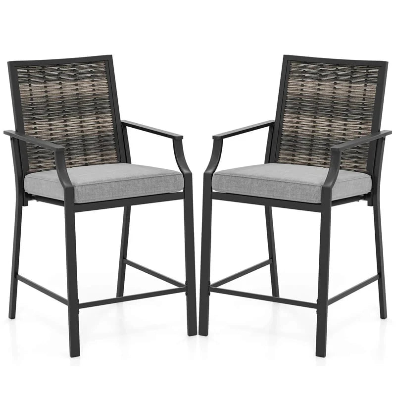 Outdoor Metal Bar Stools Set of 2 with Rattan Back, Armrest, Fabric Seat & Cushions, Counter Height Patio Bar Chairs for Poolside, Porch, Backyard