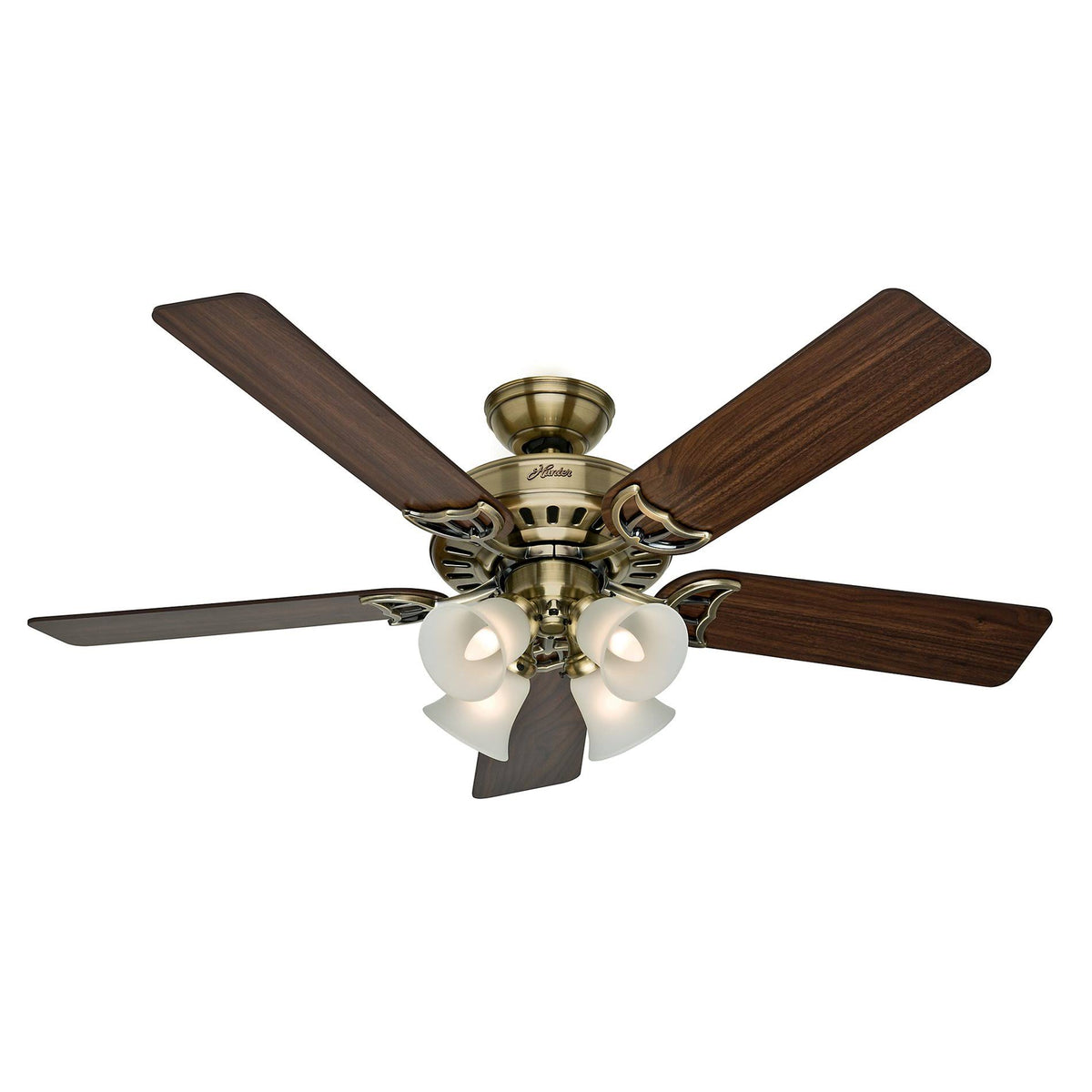 Hunter Studio Series 52" Ceiling Fan with 4-Light Kit - Antique Brass - Walnut/Medium Oak Blades