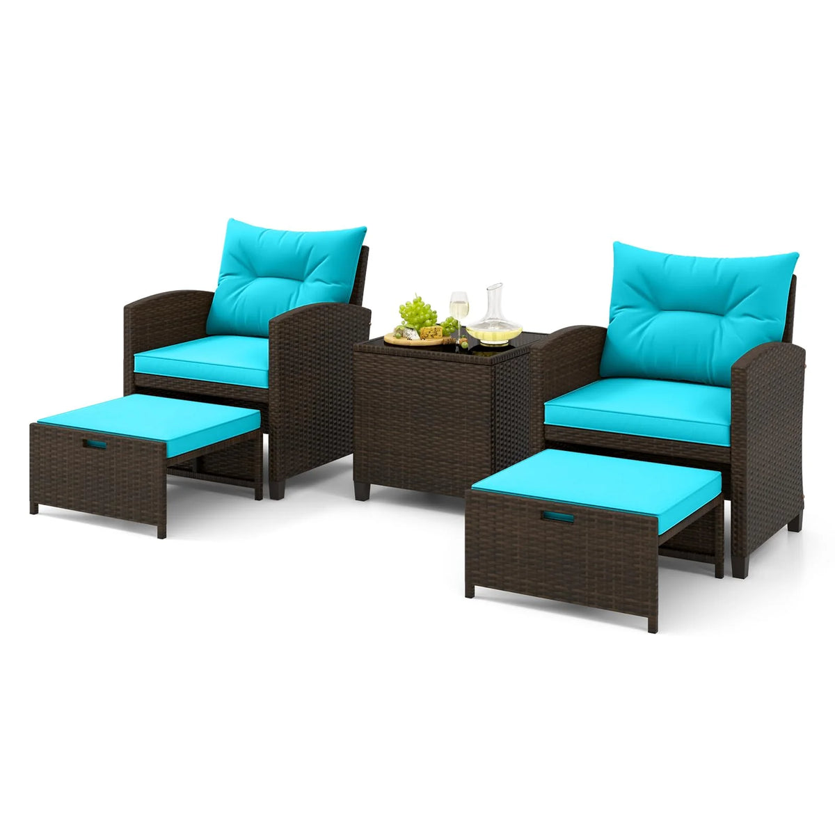 Tangkula 5 Piece Patio Rattan Furniture | Wicker Cushioned Chairs Set w/ 2 Ottomans & Tempered Glass Coffee Table