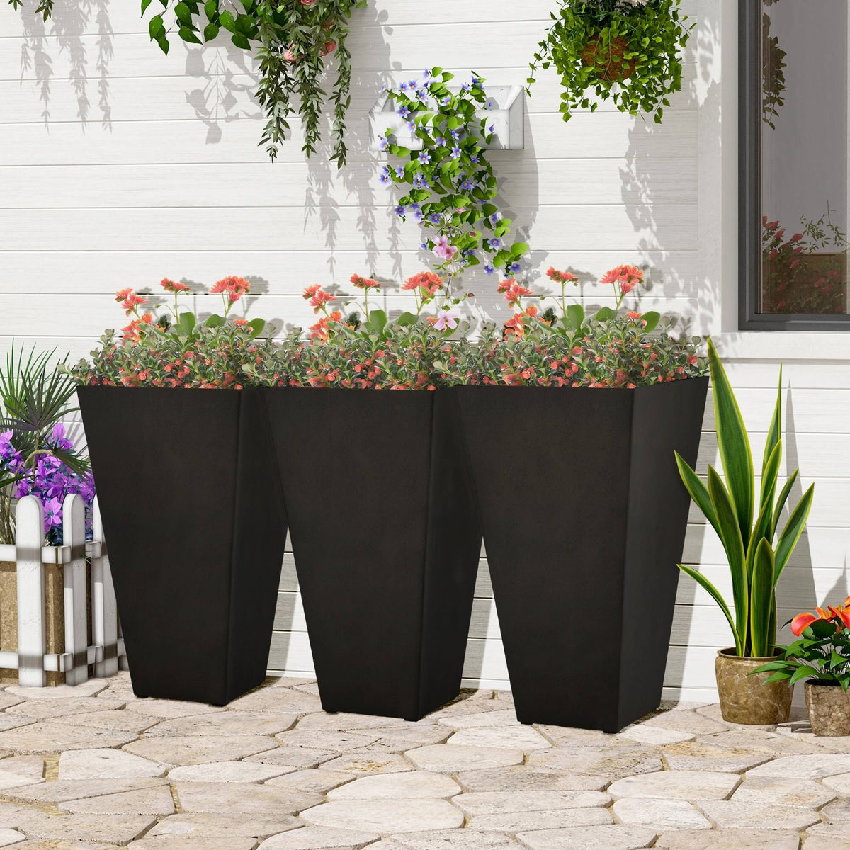 Outsunny 28" Tall Plastic Flower Pot, Set of 3, Large Outdoor & Indoor Plastic Garden Planters, for Entryway, Patio, Yard - Black