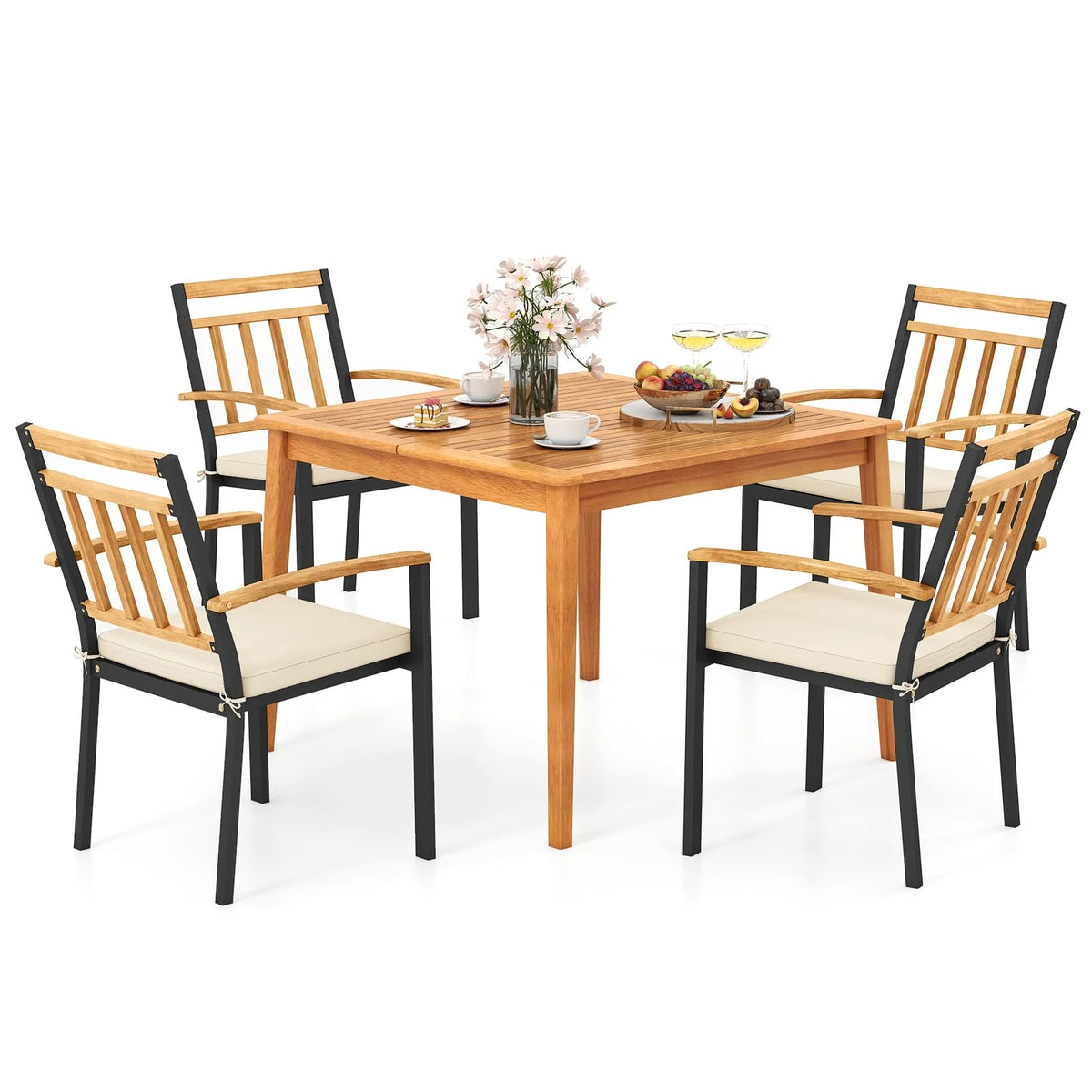 Tangkula 5 Piece Patio Wood Dining Set for Front Porch Yard Balcony and Poolside