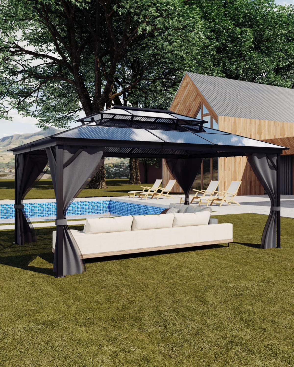 TROPOW Gazebos for Gardens, All Seasons Gazebos, Hardtop Gazebo 10'X13' for All-Weather, Double Polycarbonate Sheets Roof, Aluminum Alloy Frame, Net, and Curtain, Permanent Building for Patio, Gray