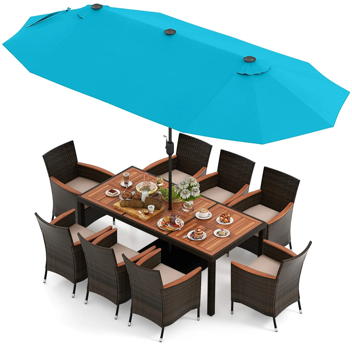 Tangkula 11 Pieces Outdoor Rattan Furniture Set  with 15ft Double-Sided Patio Umbrella (Base Included)