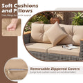 Tangkula 62.5" Large Patio Wicker Loveseat with Acacia Wood Armrests & Cup Holders