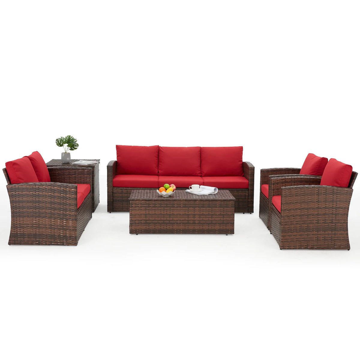AECOJOY 7 PCS Outdoor Patio Furniture Sets with 2 Storage Boxes, Red