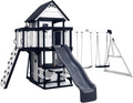 Backyard Discovery Canyon Creek Cedar Wood Swing Set with Wave Slide, Clubhouse, Play Kitchen, Picnic Area, Swings and Rock Wall