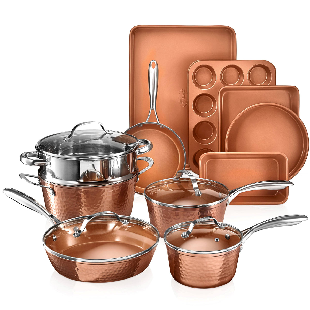Gotham Steel Hammered 15 Piece Nonstick Cookware and Bakeware Set - Copper