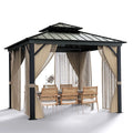 10x10 Hardtop Gazebo with double metal roof, aluminum frame, net, and curtain. All-weather, ideal for patio, deck, garden, backyard. Khaki.