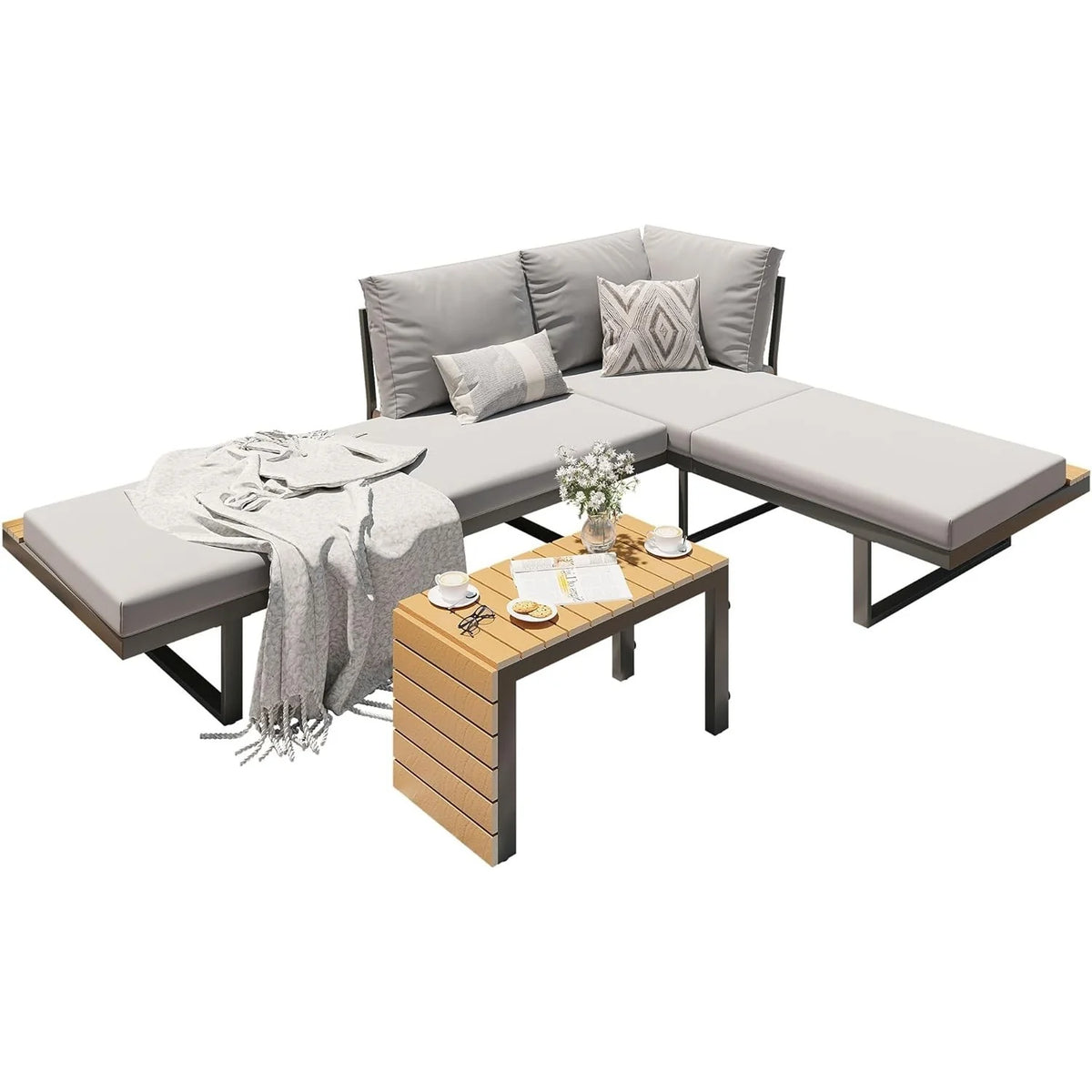 AECOJOY 4 Piece Metal Patio Furniture Set with Waterproof Cover, Convertible Outdoor Daybed with Coffee Table
