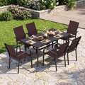 Tangkula 7 Pieces Patio Dining Set 63” x 33” Outdoor Rectangle Metal Table with Umbrella Hole 6 Stackable Breathable Mesh Armchairs