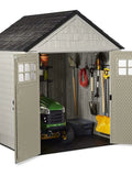 77 Ft Durable Weather Resistant Resin Outdoor Garden Storage Shed with Windows and Utility Hooks, Sand