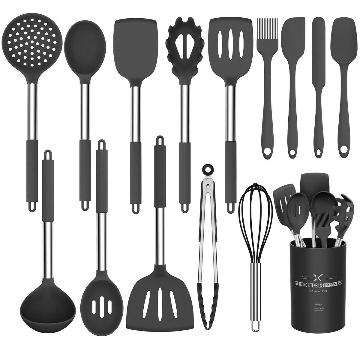 Silicone Cooking Utensil Set, Umite Chef 15pcs Silicone Cooking Kitchen Utensils Set, Non - Stick - Best Kitchen Cookware with Stainless Steel Handle