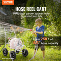 VEVOR Hose Reel Cart, Hold up to 250 Ft of 5/8 Hose, Garden Water Hose Carts Mobile Tools with 4 Wheels, Heavy Duty Powder - Coated Steel Outdoor Planting with Storage Basket, for Garden, Yard, Lawn