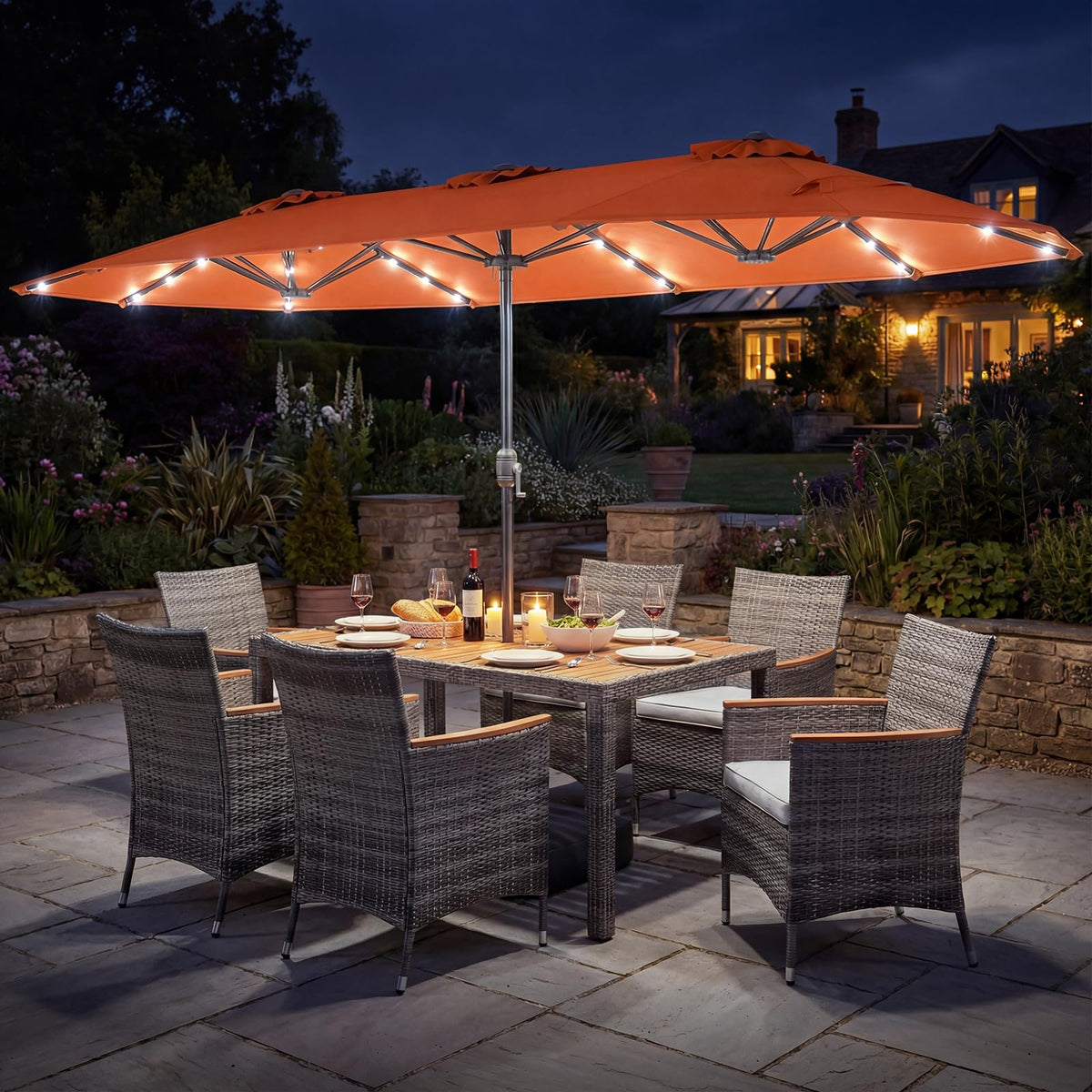 Tangkula 9 Pieces Rattan Outdoor Dining Set with 13Ft Solar Patio Umbrella