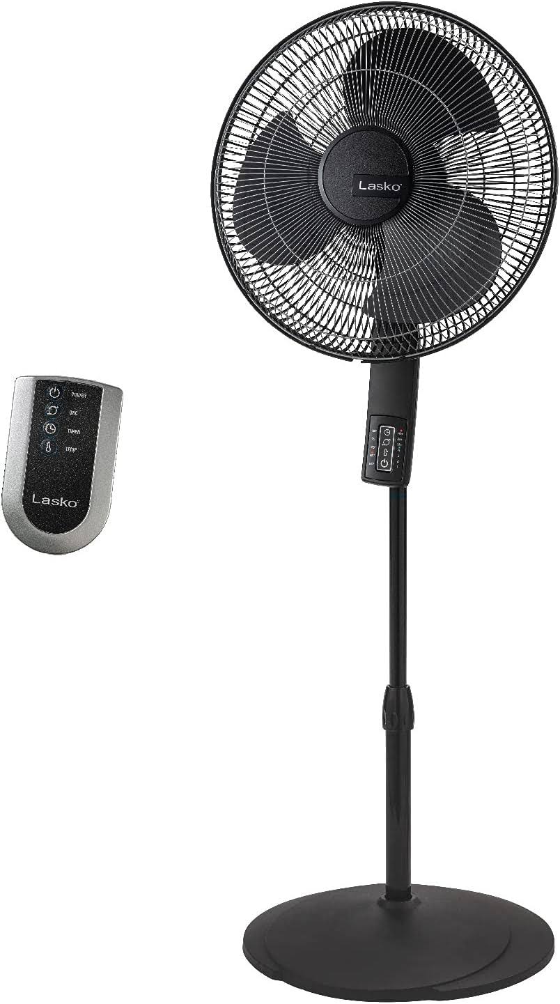 Lasko Oscillating Pedestal Fan, Thermostat, Adjustable Height, Remote Control, Timer, 4 Speeds, for Bedroom, Living Room, Office & Dorm, 16", Black