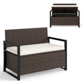40 Gallon Outdoor Wicker Storage Bench with Cushion & Cover, Metal Frame Patio Deck Box Seat, Rattan Loveseat for Garden, Poolside